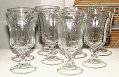 Vintage Indiana Glass RECOLLECTION CLEAR Set 8 WATER GOBLETS Stems All EX