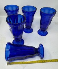 ANTIQUE 5 Cobalt Blue Goblets Panel Footed Glasses Water Ice Cream Ice Tea Malt