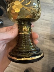 Vintage German Roemer Green Glass Wine Goblets Gold Grapevine Gilt Hand Blown