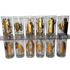 Vtg 60s Anchor Hocking Highball Glasses Horoscope Zodiac 22K Gold Complete Set
