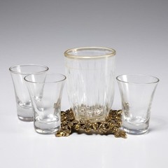 Federal Glass Co Toothpick Holder Metal Base And 3 Pc Mini Shot Glass