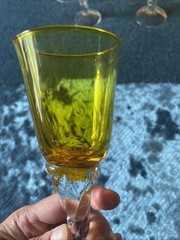 VTG Set Of 6 Golden Amber Twisted Stem Clear Bottom Cordial/Liqueur/Glasses