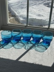 Vintage Anchor Hocking Blue Flair 3” Rocks Glasses Lot Of 5 Stackable Aqua