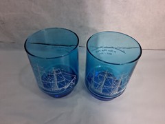 2 Vintage Teal Blue American Privateer Rattlesnake Revolution Sailboat Glasses