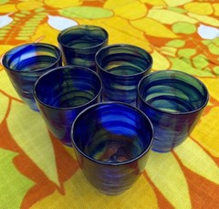 6 Cobalt Blue Swirl Old Fashioned Set Art Glasses Stemless Drinking Tumblers Lot