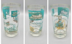 Vintage MCM Glass Hi-Ball Tumblers Retro Teal Turquoise & Gold Steam Boat Theme