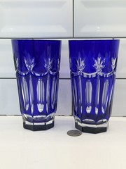 AJKA CAROLYNE HIGHBALL GLASS COBALT BLUE CUT TO CLEAR CRYSTAL HUNGARY BOHEMIAN