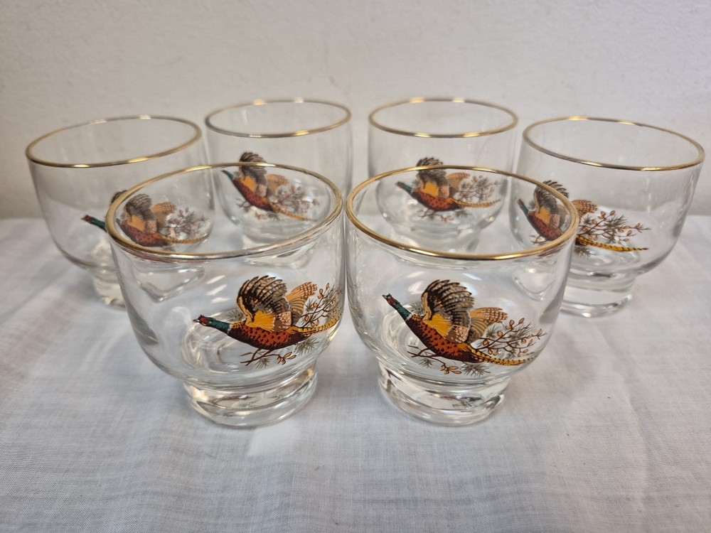 West Virginia Glass Vintage ‘Pheasant in Flight’ 2 3/4″ Barware-Set OF 6