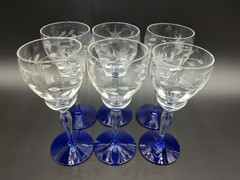 6 Weston Cordial Sherry Glasses Blue Footed 5.5″ Etched Starflower WGL45 Vintage