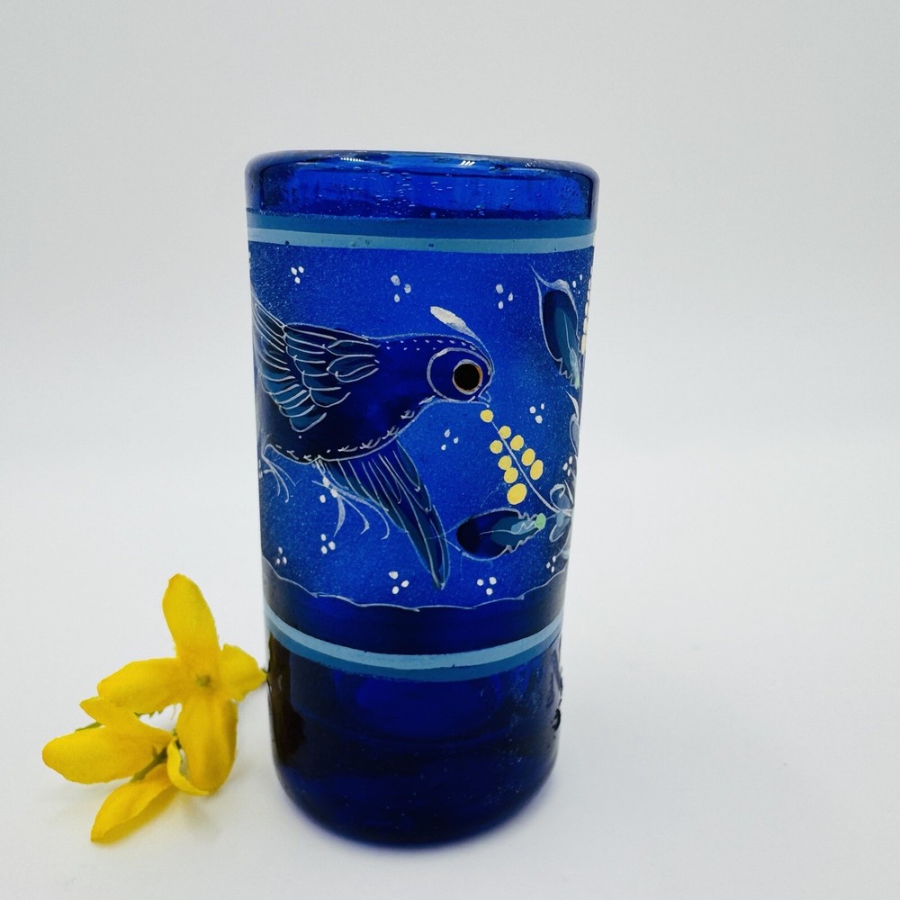 Mexican Hand Blown Cobalt Blue Shot Glass Etched & Hand painted Birds Flowers