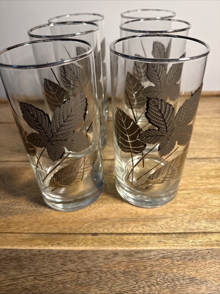 Libbey Platinum Leaves Glasses MCM 6” Silver Rim 16 oz, Set Of 6