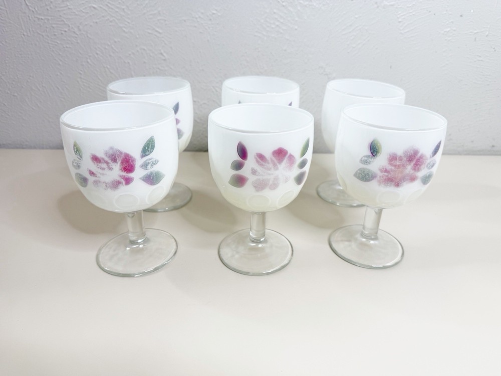 VTG Bartlett Collins White Floral Thumbprint Goblets/Schooners (6 Pc) USA 16oz