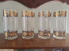 Four Fred Press Vintage Glassware White And Gold Burst/Column High Ball Glasses