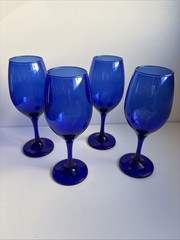 4 Vintage Libbey Premiere Cobalt Blue Wine Water Glasses Goblets 8-1/8” Tall