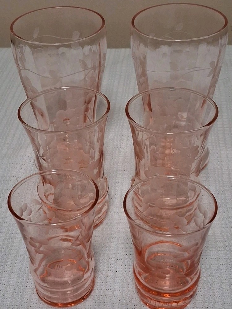 Vintage Pink Depression 2 Of Each Size Glasses With Floral Etching – Set Of 6