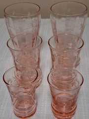 Vintage Pink Depression 2 Of Each Size Glasses With Floral Etching – Set Of 6