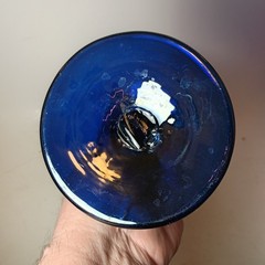 Cobalt Blue Iridescent Pulled Feather Art Glass Goblet 9.5 in Unsigned