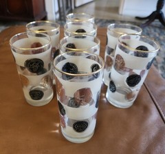 MCM “Old Coins” Design Black Gold Cocktail Glasses Libbey 22K Gold Trim Set of 8