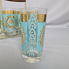 8 MCM Gold High Ball Cloud Glasses Bar Ware With Carrier Wood Handle