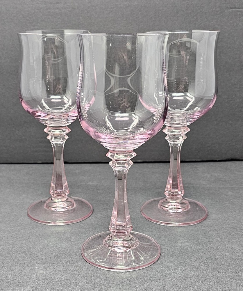 Set Of 3 American Stemware Princeton Pink Blown Glass Water Wine Glasses