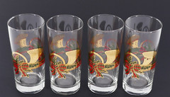 4 CULVER 22 K GOLD 6.25″ CHRiSTMAS YULE FRENCH HORN RiBBON BOW 16 oz GLASSES SET