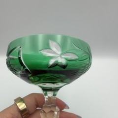 BOHEMIAN CRYSTAL CHAMPAGNE/SHERBET GREEN CUT TO CLEAR GRAPE LEAF PATTERN