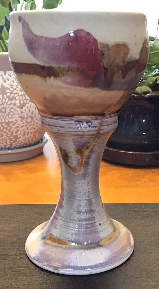 Studio Art Pottery Goblet Chalice Wine Glass Cream Maroon Brown Glazed Pedestal