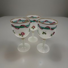 Antique Set 3 French Opine Painted Glass Wine Glass Circa 1900