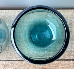 Handblown Stemless Wine Glass Pair 4″/10cm Tall Blue Teal Aquamarine