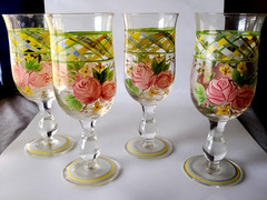 Waverly Hand-Painted Floral Summer Goblets – 7 7/8in, Set of 4 Vintage Glassware