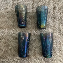 4 Vintage Indiana Glass Harvest Grape Iridescent Blue Carnival Tumblers 5 3/4”