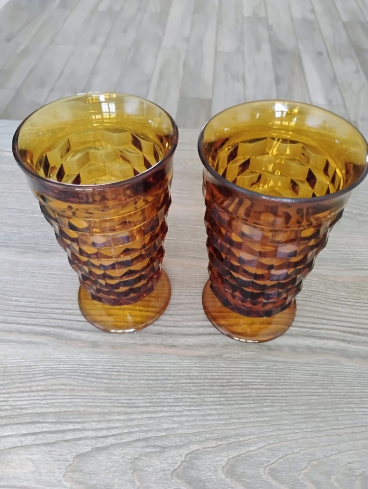 2 Indiana Whitehall Amber Cubist Pedestal Tumbler Glassware 6 inch