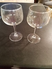 Pair of clear glass 7″ long-stemmed Wine Glasses, wide bowl, 20% off 2+ items
