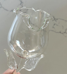 Pair Hand Blown Art Glass Tulip Wine Goblets Floral Stem Clear Glass 24 cm
