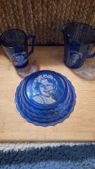 1930’s Cobalt Blue Shirley Temple Glassware Set 3 pieces. Bowl, Creamer, & Mug