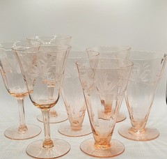 Vtg Set of Seven Pink Depression Glasses Etched Floral/Poinsettia Stem & Footed