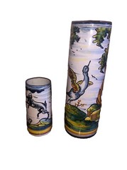 Mexican Talavera Art Pottery Hand Painted Tall Pitcher /Vase & Cup Signed Rabbit