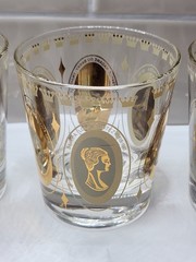 Vintage Set of 3 Gold Royal Ladies Portrait Cocktail Rocks Glasses Barware MCM