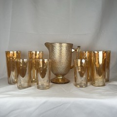 Jeannette Marigold Carnival Glass Set, 5 L Hex Optic, 3 S, & Crackle Glass Pitch