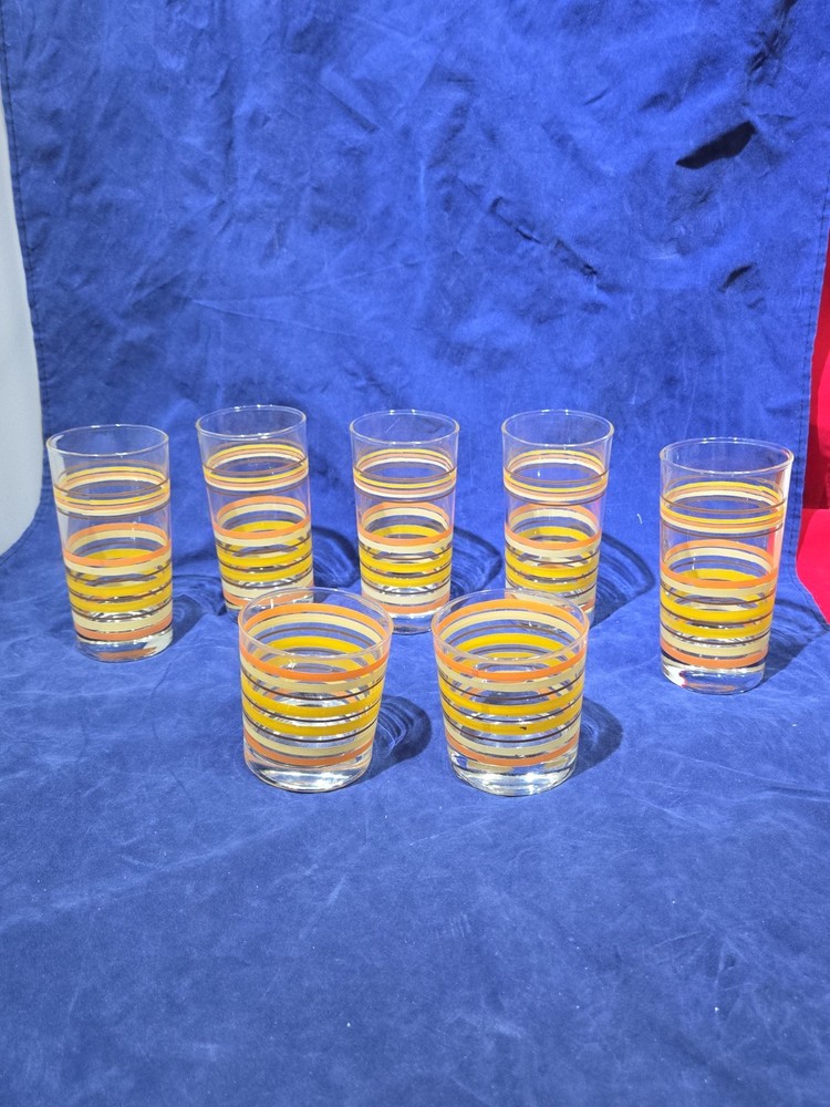 Vintage MCM Striped Drinking Glasses Lot 5 Highball 2 Cocktail Tumblers Retro
