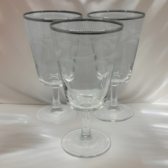 3 French VTG Cristal D’Arques Etched Laurel Leaf Cordial Glasses Silver Rim
