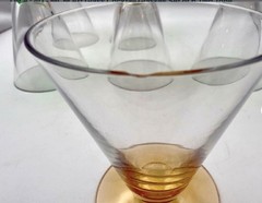6 VTG Pedestal Conical Bar Glasses w’ Weighted Green & Amber Bases, 3” Tall MCM