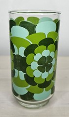 Vintage Floral Glass Tumbler Green MCM Mid Century Flower Hippie