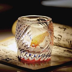 Rock Whisky Glass Hand Carved Vivid Gold Fish Pattern Edo Kiriko Glass 270ml/9oz