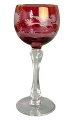 Vintage Bohemian Crystal Hock Glass Cranberry Red Flashed Engraved Pheasant 7.5H