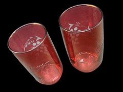 Vintage Bohemian Cranberry Glass Tumblers 5″ Grapes Leaves Etched