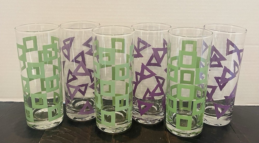 Vintage MCM Geometric Highball Glasses Set of 6 Purple Triangles Green Squares