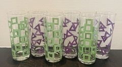 Vintage MCM Geometric Highball Glasses Set of 6 Purple Triangles Green Squares