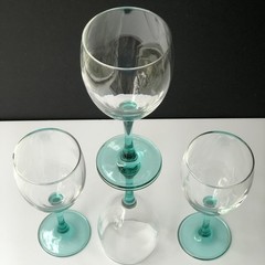 4pc Vintage Blown Luminarc Aqua Green Stem Wine, Clear Bowls, France, 70’s-80’s