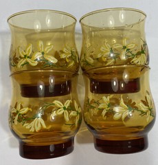 Vintage Libbey? Amber Smoke Yellow Green Floral Juice Water Glasses (4) 8 Oz